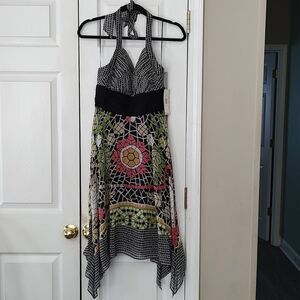 Sangria Petite  100% Silk Hankerchief halter boho bohemian   printed dress Sz 8P